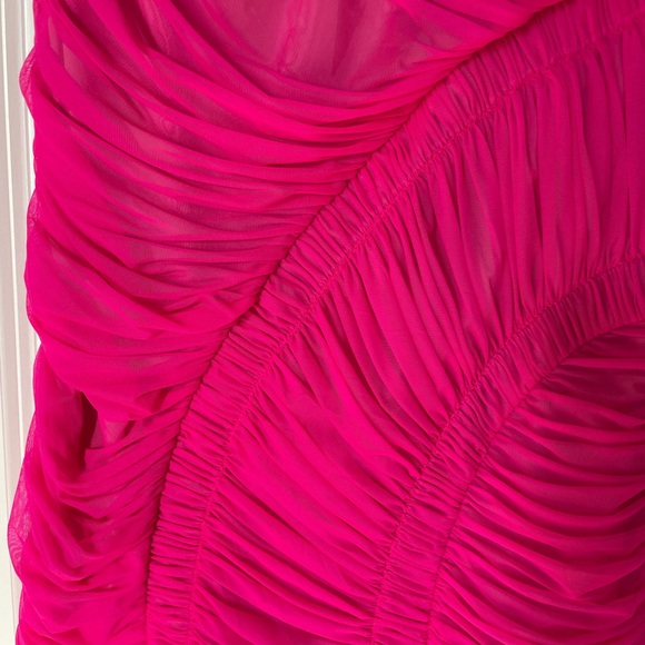 💞NWT HERVE LEGER one-shoulder draped jersey mini dress in neon Pink, size M - Picture 16 of 17